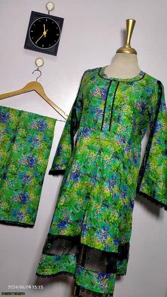 2 pcs woman's stitched Lawn digital print frock and trouser 1