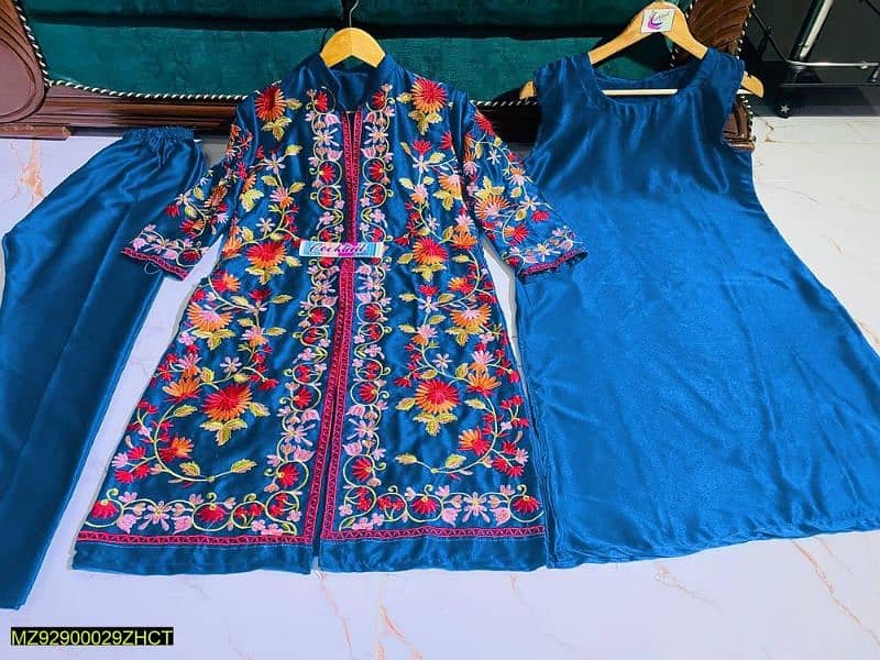 3 Pcs Women's Stitched Katan Silk
Embroidered Gown Suit 1