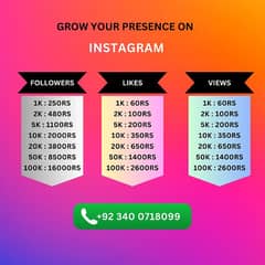 Instagram, Facebook, Followers, likes, views
