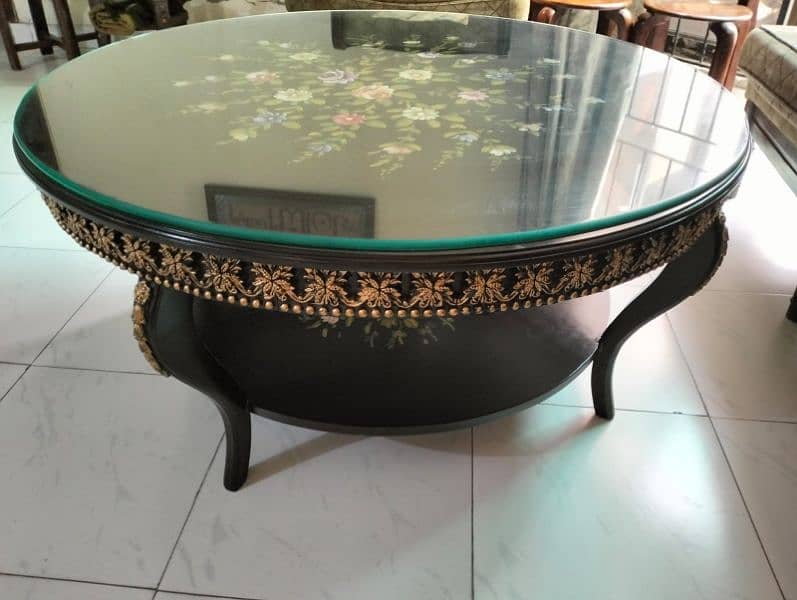 Hand Painted Wooden Table with Heavy Glass Top 0