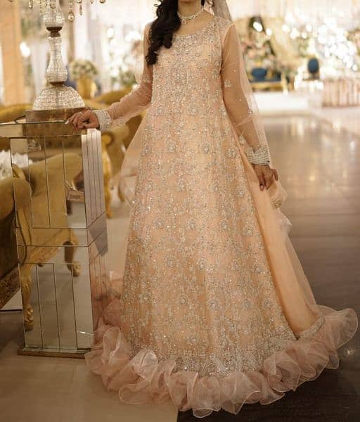 bridal frilled maxi, walima dress, nikkah dress (pink peach) 0