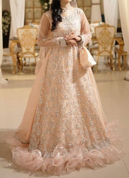 bridal frilled maxi, walima dress, nikkah dress (pink peach) 1