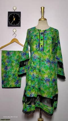 2 Pcs Women's stitched lawn digital print frock and trouser