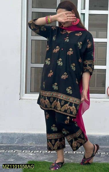 2 pieces women stitched linen block printed suit 2