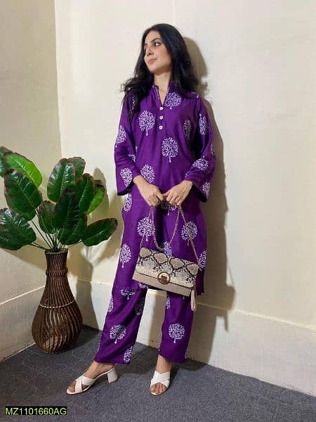 2 pcs woman's stitched linen printed suit 0