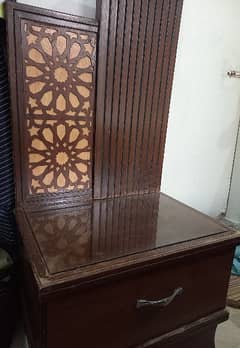 wooden dressing table with 2 side tables and 1 wooden beauty box