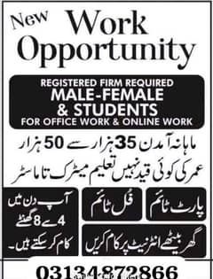 Male Female & students Staff required for online and office work