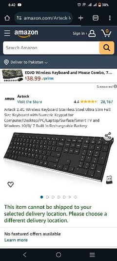 Arteck 2.4G Wireless Keyboard Stainless Steel Ultra Slim Full Size