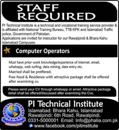 Computer Operators Required at Bhara Kahu, Islamabad