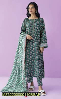 3 Pcs Women's Unstitched Lawn Printed Suit