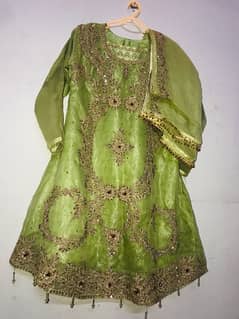 Green colour dress short frock nd trouser with dupatta