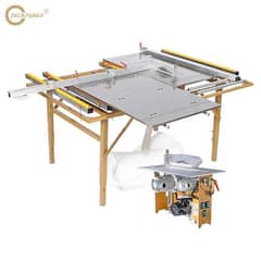 Sliding table saw wood cutting machine with scoring unit.