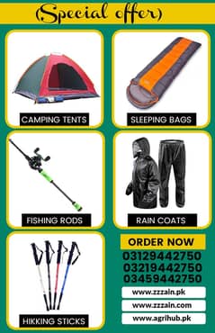 M 1 Waterproof camping tent , fishing reel and rod ,sleeping bags,bac 0