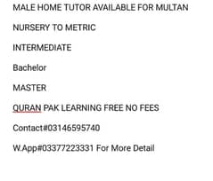 MALE HOME TUTOR AVAILABLE FOR MULTAN