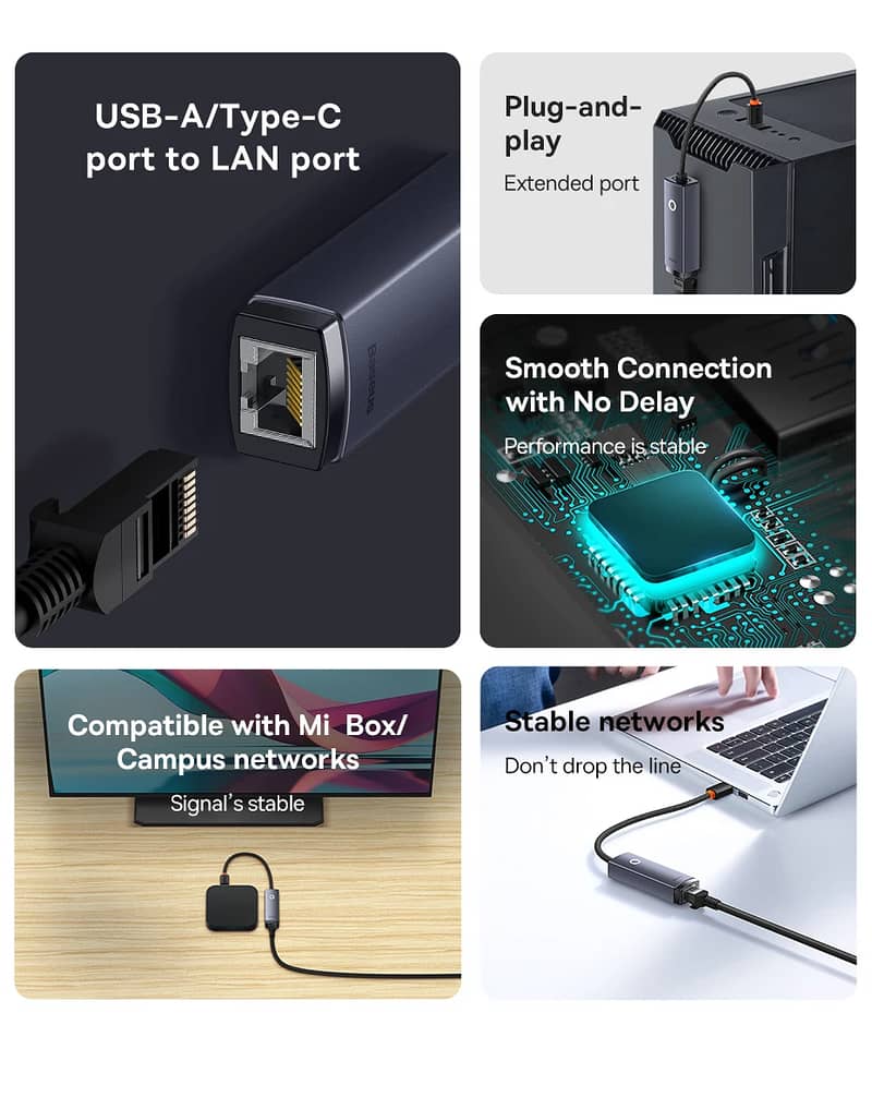 Baseus Lite Series Ethernet Adapter USB / Type C to RJ45 LAN Port Giga 6