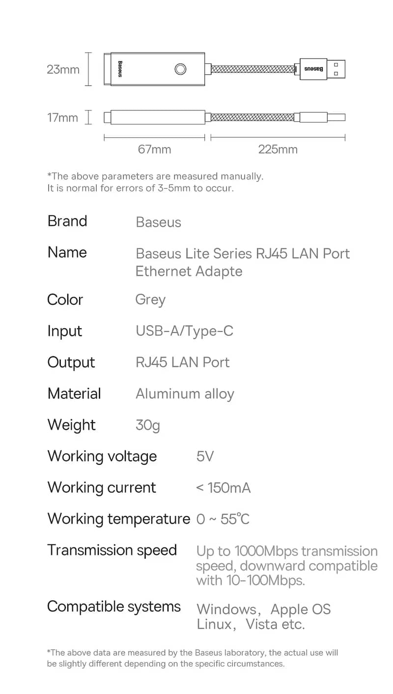 Baseus Lite Series Ethernet Adapter USB / Type C to RJ45 LAN Port Giga 18