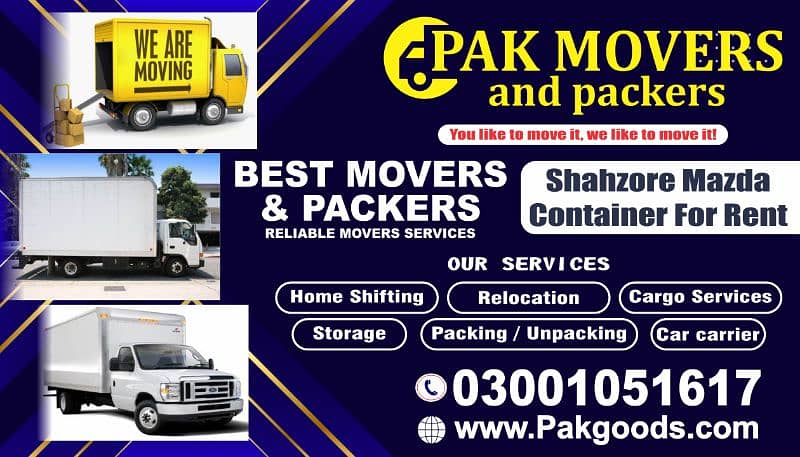 Container Mazda and shahzore for rent and House shifting moving servic 0