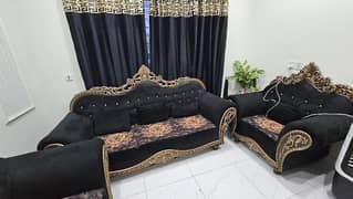 Large 6 seater Sofa set Black with Golden moldings