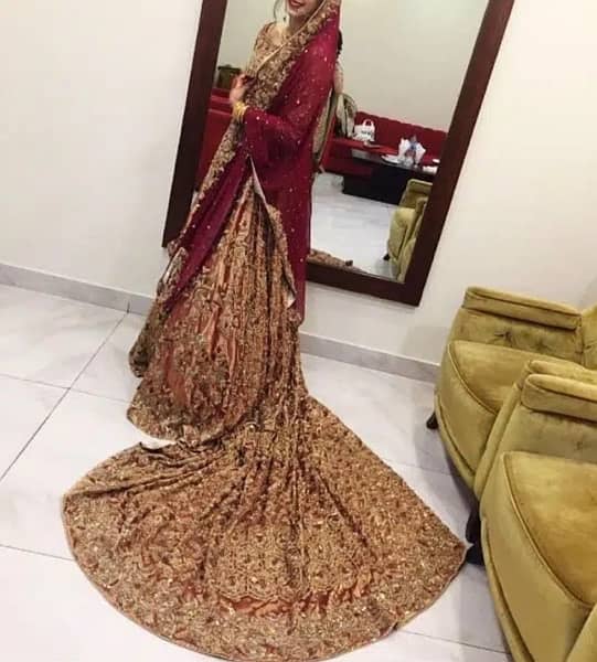 designer wear bridal dress by shazia kiyane heavy 3d work long tail 3