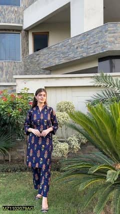 2pcs women stitched linen printed shirt and trouser