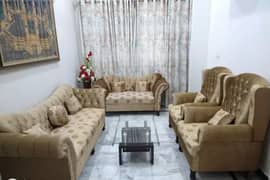 Golden Brown 7 Seater Sofa with Center Table and Cushions