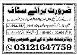 Male staff required for work in Islamabad Office