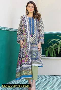 3 PCs women's unstitched lawn printed suit