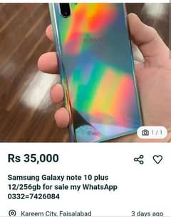 Samsung Galaxy note 10 plus 12/256gb for sale my WhatsApp 0332=7426084