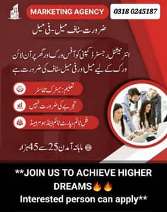 Urgent staff Required in Lahore
Matric and inter person msg03180245187