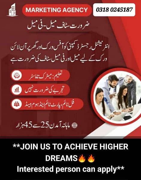 Urgent staff Required in Lahore
Matric and inter person msg03180245187 0