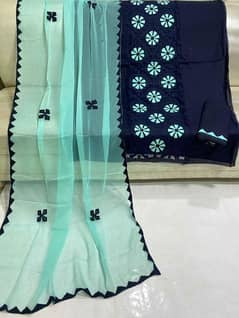 Flower Applic Net Front Panel Handmade Bareekh Tanka 3pc Dress