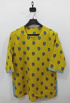 yellow lawn printed straight kurti with blue flowers