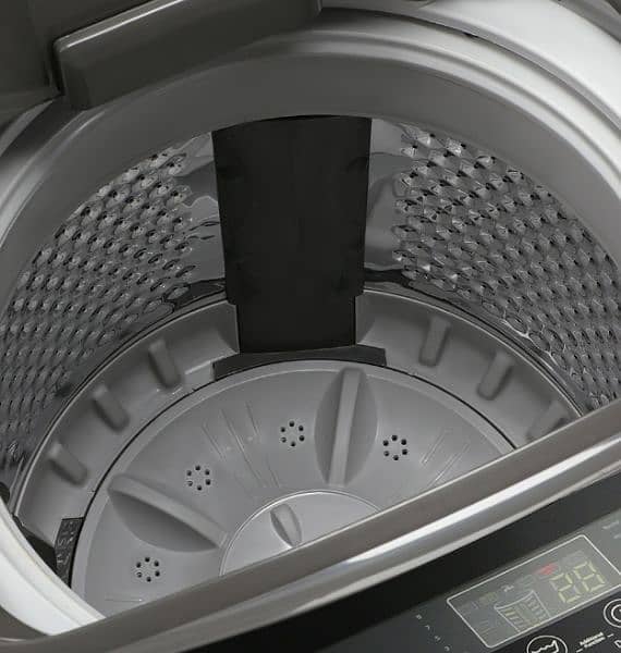 A washing machine in black colour. with fully automatic systm l. 1