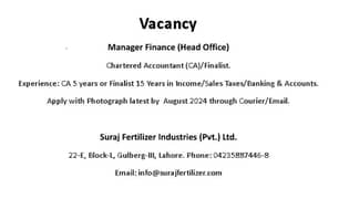 Manager Finance (Head Office) Chartered Accountant (CA)/Finalist.