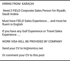 Hiring in Karachi Sales Executive Riyadh