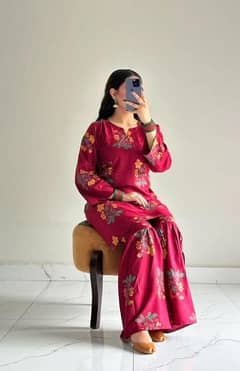 2 Pcs Women's Stitched Arabic Lawn Printed Shirt and Trouser