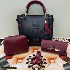 3 PCs women's pu leather plain hand bag