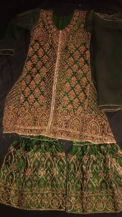 silk gharara and  frok style shirt with net dubatta