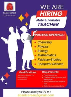 Required Male & Female teacher for Maths,Physics,Bio,Chemistry