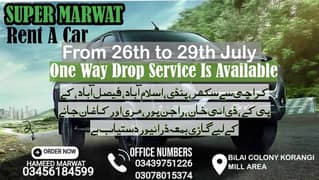 One way drop all over Pakistan, Rent a car, Self Drive & With Driver