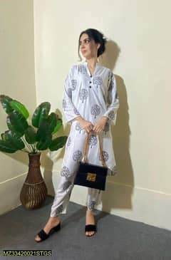 2 Pcs Women's Stitched Linen Painted Sheart And Trousers