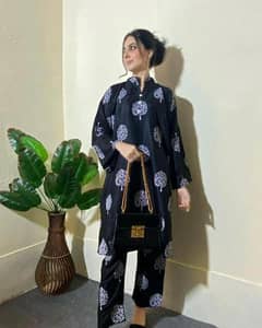 2 pcs womens stitched linen printed shirt and trouser