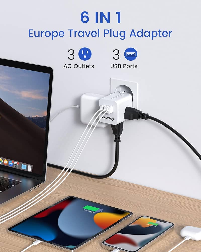 International Power Adapter Charger 3AC Outlets 3 USB Port Retractable 1