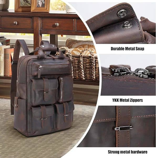 Cow Leather Multi Pockets Laptop Backpack Travel Bag 17 Inch Laptop 1