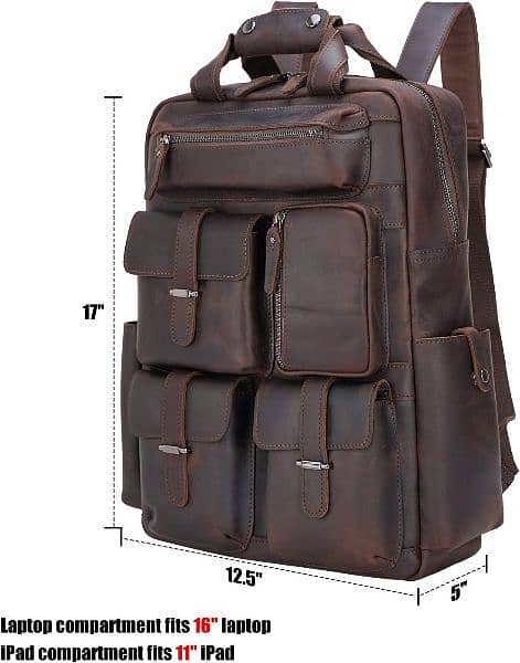 Cow Leather Multi Pockets Laptop Backpack Travel Bag 17 Inch Laptop 5