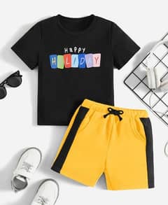 2 PCs Stitched Cotton T Shirt and Cotton Shorts- Happy Holiday Set