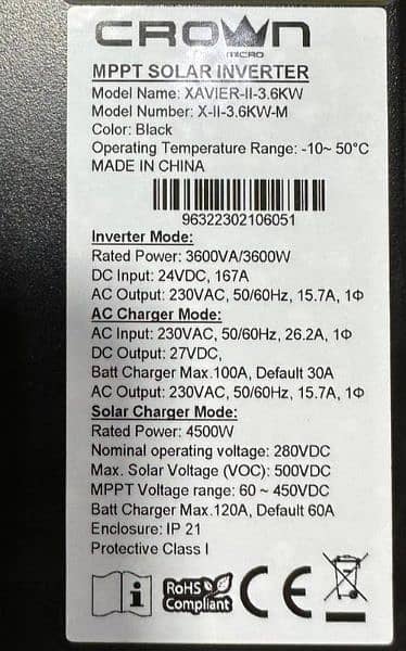 crown xavierII 3.6KW hybrid solar inverter with 4500W PV 1