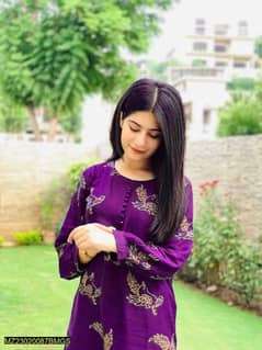 2 pcs women's Stitched linen printed Shirt and Trouser -Purple