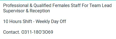 Need Females Staff For Team Lead, Supervisor, Call Agent, Receptionist