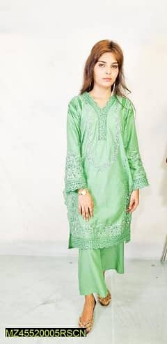 2 pcs women stitched cotton lawn embroided shirt and trauser